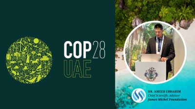 Dr. Ameer Ebrahim delivers a presentation about the Seychelles Blue Carbon Roadmap at COP28